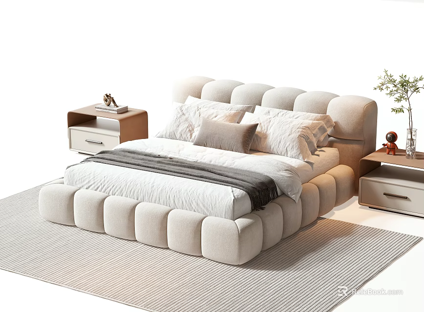 Modern Double Bed With Tufted Headboard Soft Upholstery And Bedside Tables 3d model 