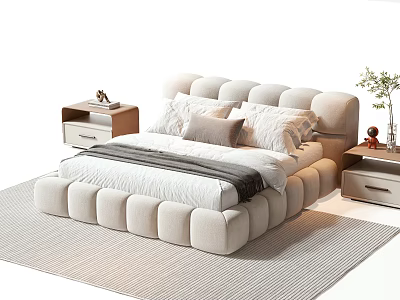 Modern Double Bed With Tufted Headboard Soft Upholstery And Bedside Tables 3d model