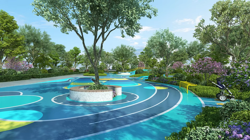 Park Landscape With Blue Circular Track Green Trees Central Tree Area And Vegetation 3d model 