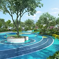 Park Landscape With Blue Circular Track Green Trees Central Tree Area And Vegetation