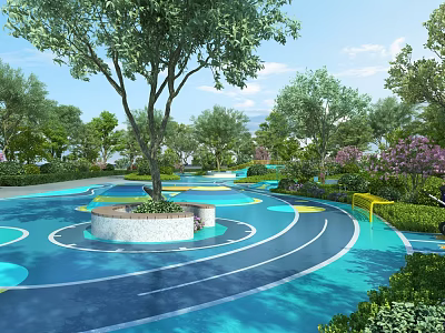 Park Landscape With Blue Circular Track Green Trees Central Tree Area And Vegetation 3d model