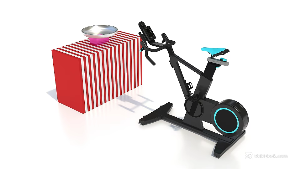 Exercise Bike Near Red White Striped Block With Silver Bowl 3d model 