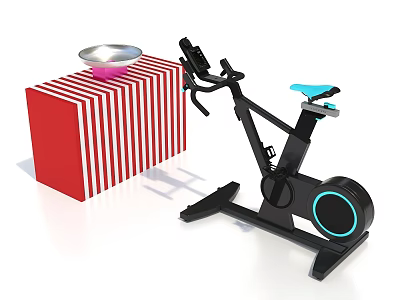 Exercise Bike Near Red White Striped Block With Silver Bowl 3d model
