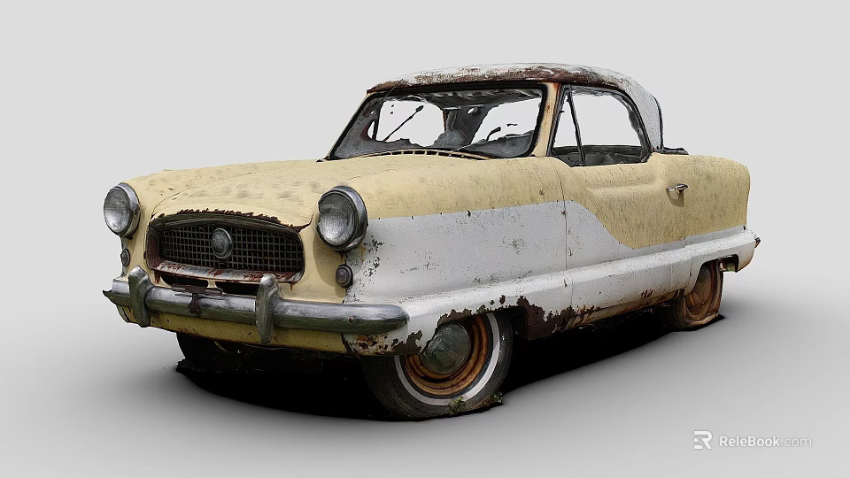Vintage Rusted Yellow And White Old Sedan Car With Patina Finish 3d model 