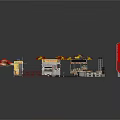 Outdoor Dining Scene Components Featuring Food Carts Tables Chairs Umbrellas And Stage