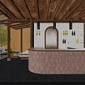 Traditional Japanese Café with Courtyard Wooden Design Stone Path Green Plants Sofas and Serene Atmosphere