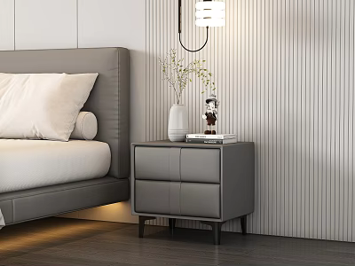 Modern Gray Bedside Table with Vase Plant Statue Books and Wall Lamp in Bedroom 3d model