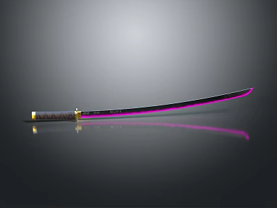 Katana Weapon With Purple Glow Blade Gold Accents And Reflection On Black Smooth Surface 3d model