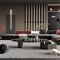 Modern Living Room Interior With Grey Sofa Coffee Table Striped Rug And Decorative Plants