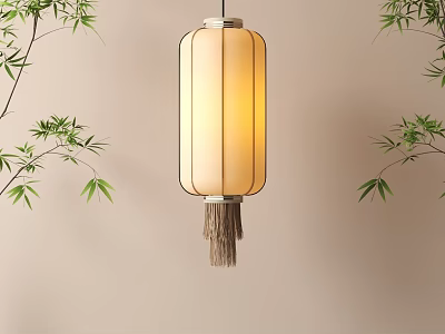 Traditional Oriental Lantern Suspended With Tassel And Bamboo Leaves On Light Beige Wall 3d model