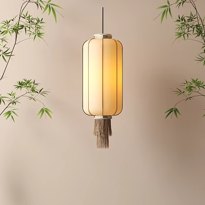 Traditional Oriental Lantern Suspended With Tassel And Bamboo Leaves On Light Beige Wall 3d model
