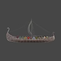 Ancient Viking Ship With Dragon Head Sail Red Pattern Shields And Oars