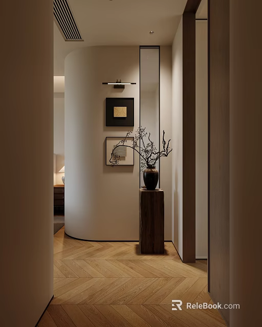 Modern Entryway Interior Design With Curved Wall Framed Artworks Wall Lighting And Wooden Pedestal 3d model 