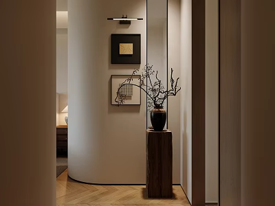 Modern Entryway Interior Design With Curved Wall Framed Artworks Wall Lighting And Wooden Pedestal 3d model