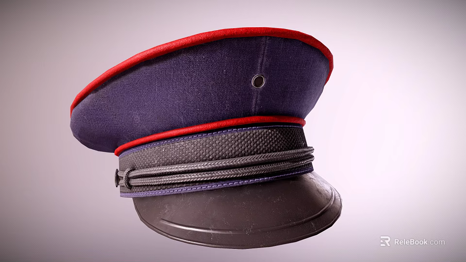 Navy Blue Hat With Red Trim Black Ribbon And Structured Brim Design 3d model 