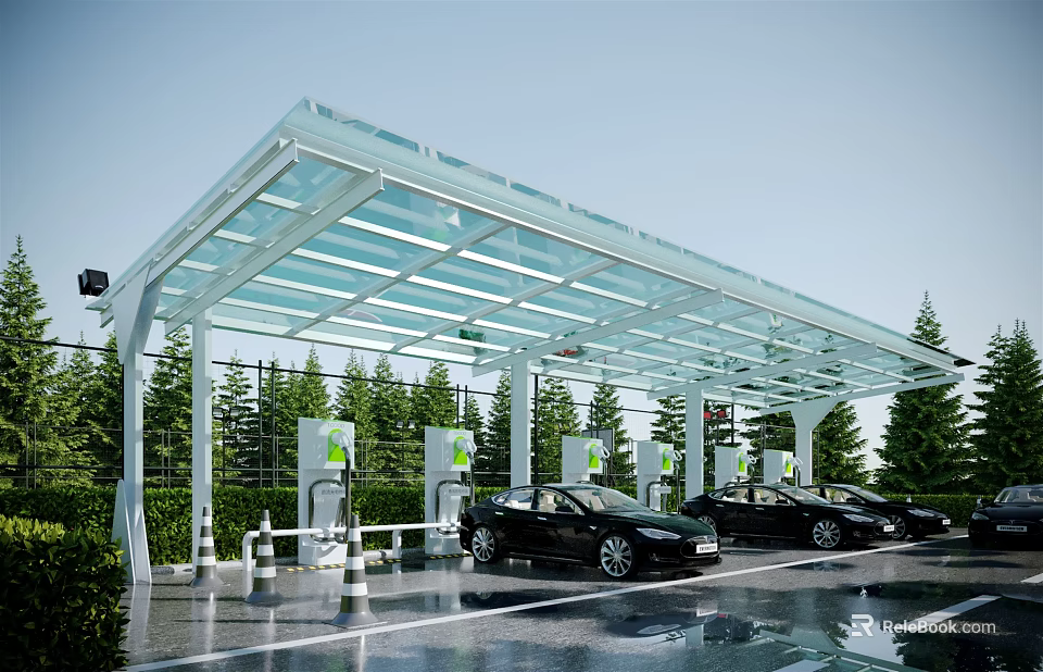 Modern Electric Vehicle Charging Station Featuring Glass Canopy Black Cars and Green Trees 3d model 