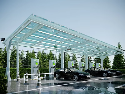 Modern Electric Vehicle Charging Station Featuring Glass Canopy Black Cars and Green Trees 3d model