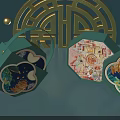 Traditional Chinese Decorative Green Boxes With Artwork And Golden Background Patterns 3d model