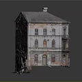 Vintage Red Brick Residential Building With Sloped Roof Chimneys And Multiple Windows
