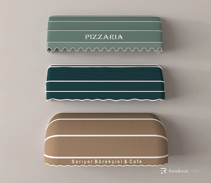 Colorful Striped Shop Awnings With Business Signs For Pizzeria And Café 3d model 