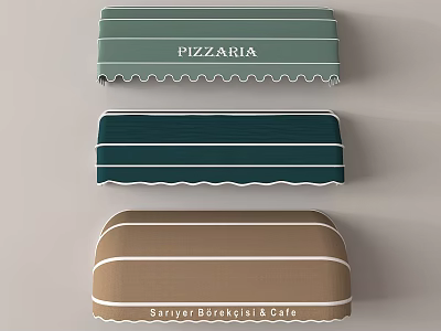 Colorful Striped Shop Awnings With Business Signs For Pizzeria And Café 3d model