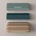 Colorful Striped Shop Awnings With Business Signs For Pizzeria And Café