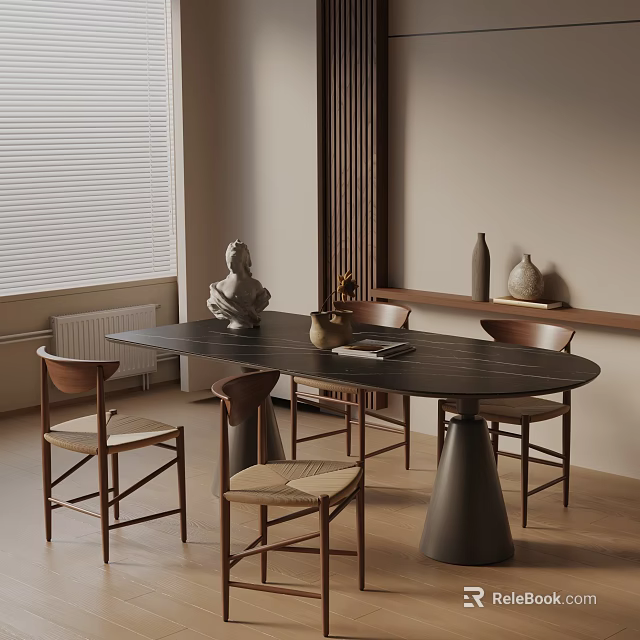 Minimalist Modern Dining Table Set With Black Oval Table Wooden Chairs And Decorative Accents 3d model 