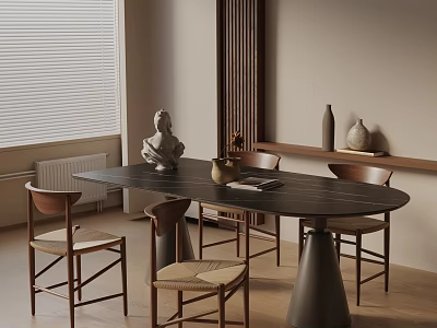 Minimalist Modern Dining Table Set With Black Oval Table Wooden Chairs And Decorative Accents 3d model