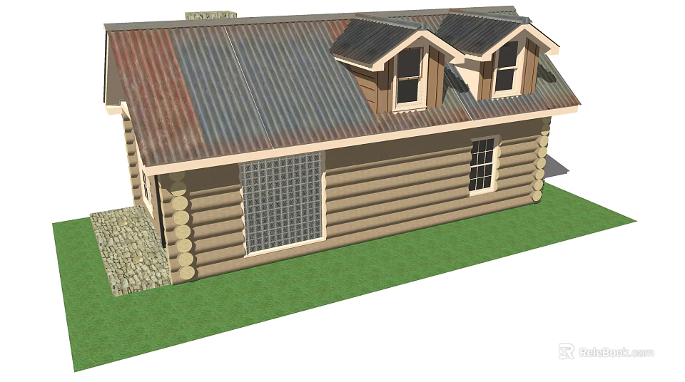 Log Cabin Featuring Log Structure Metal Roof Attic Windows Lattice Window And Green Lawn 3d model 