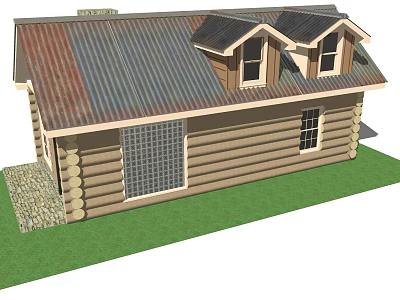 Log Cabin Featuring Log Structure Metal Roof Attic Windows Lattice Window And Green Lawn 3d model