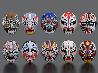 Peking Opera Mask Decorative Ornament Set With Colorful Traditional Patterns And Artistic Design 3d model