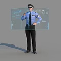 A Man in Blue Uniform and Cap Standing with Transparent Display Screen 3d model