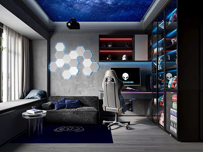 Modern Gaming Room Interior With Starry Sky Ceiling Hexagon Lights And Gaming Setup 3d model