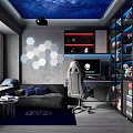 Modern Gaming Room Interior With Starry Sky Ceiling Hexagon Lights And Gaming Setup 3d model