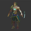 Human 3D Character Model with Brown Hair Ornate Blue Gold Outfit Cloak and Dagger