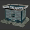 Blue Magazine Press Kiosk with Glass Display Windows and Stone Pavement