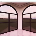 Arched Floor to Ceiling Windows With Black Frames in Modern Interior and Green Field View 3d model