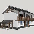 Traditional Chinese Two Story House With Black Tiled Roof White Walls And Wooden Balconies