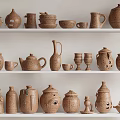 Artisanal Ceramic Vessels with Earthy Brown Tones Displayed on Shelves in Various Shapes and Sizes