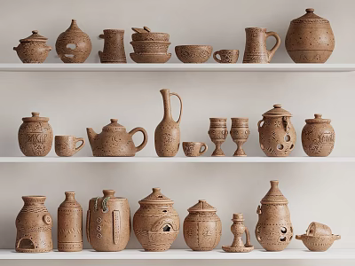 Artisanal Ceramic Vessels with Earthy Brown Tones Displayed on Shelves in Various Shapes and Sizes 3d model