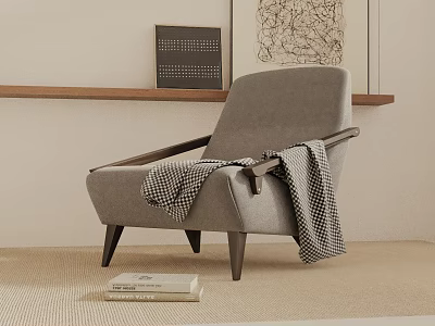 Gray Lounge Chair with Plaid Blanket Wooden Shelf Decorative Paintings and Books in Minimalist Interior 3d model