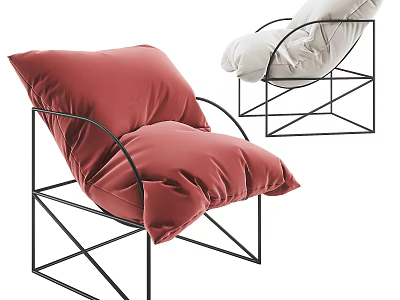 Modern Single Sofa With Red And White Plush Cushions And Black Metal Frame 3d model