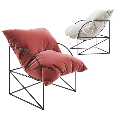 Modern Single Sofa With Red And White Plush Cushions And Black Metal Frame 3d model