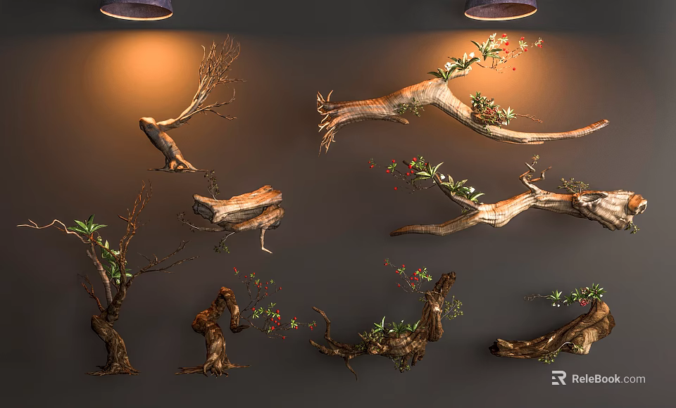 Garden Landscape Decor With Natural Tree Branches Green Leaves And Red Berries 3d model 