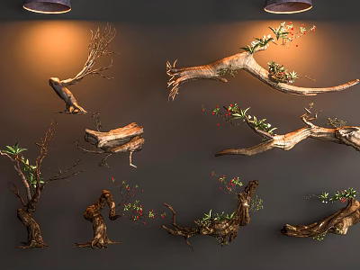 Garden Landscape Decor With Natural Tree Branches Green Leaves And Red Berries 3d model