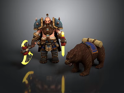 Fantasy Armored Warrior Character With Glowing Weapons And Bear Companion 3d model