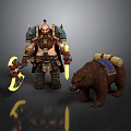 Fantasy Armored Warrior Character With Glowing Weapons And Bear Companion