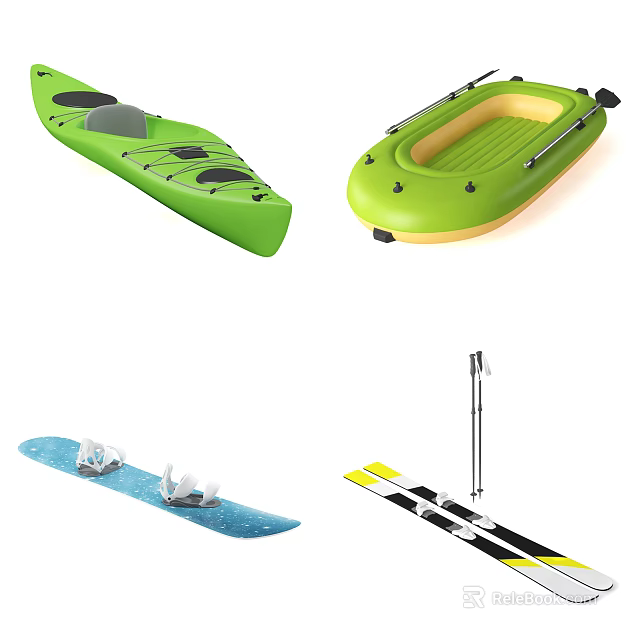Green Sports Equipment Including Kayak Inflatable Boat Surfboard Skis and Poles 3d model 