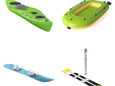 Green Sports Equipment Including Kayak Inflatable Boat Surfboard Skis and Poles 3d model