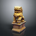 Traditional Chinese Lion Sculpture With Ornate Base And Golden Color Details